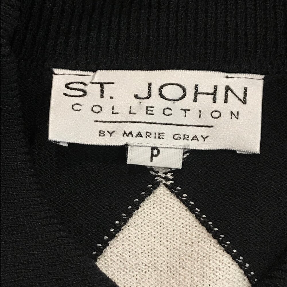 ST. JOHN Argyle Black White Diamond Collared Sweater Top - Size P - Picture 2 of 15